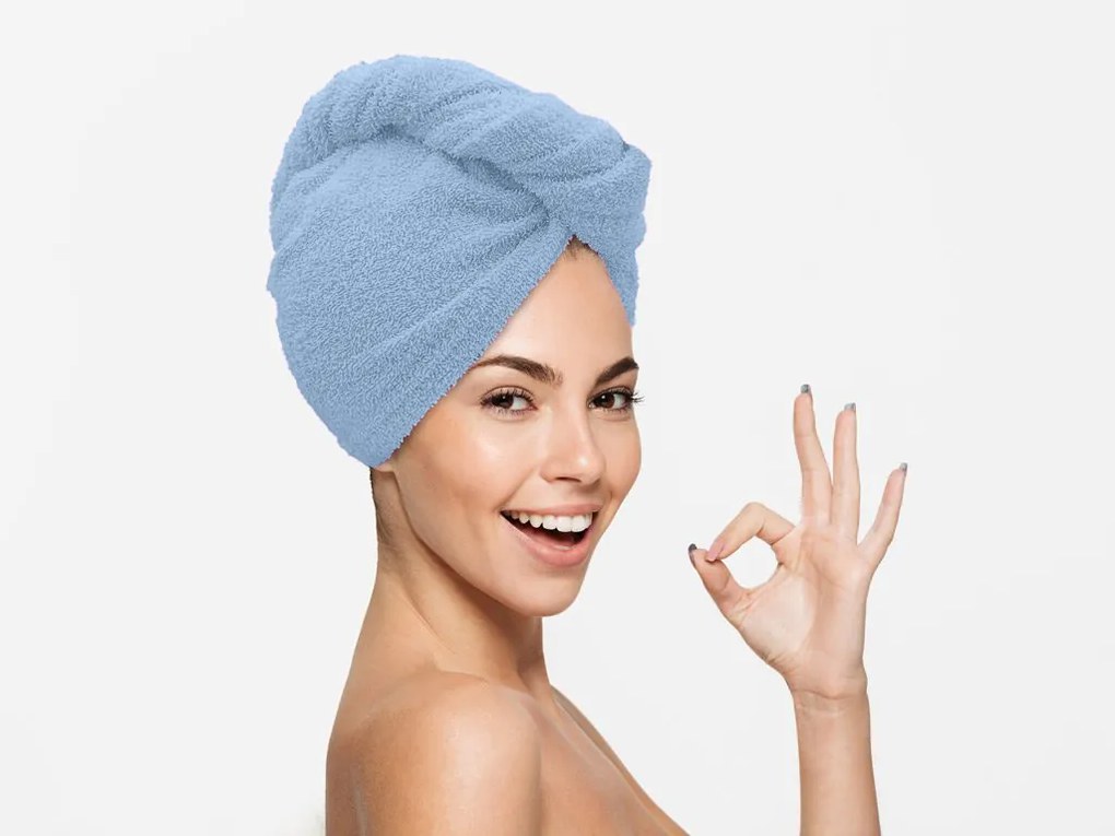 Szybkoschnący turban do włosów frotte jasnoniebieski, 100% bawełna