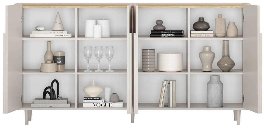 Komoda Amilio 200 cm czterodrzwiowa na nóżkach - kaszmir / dąb olejowany / uchwyty kaszmir