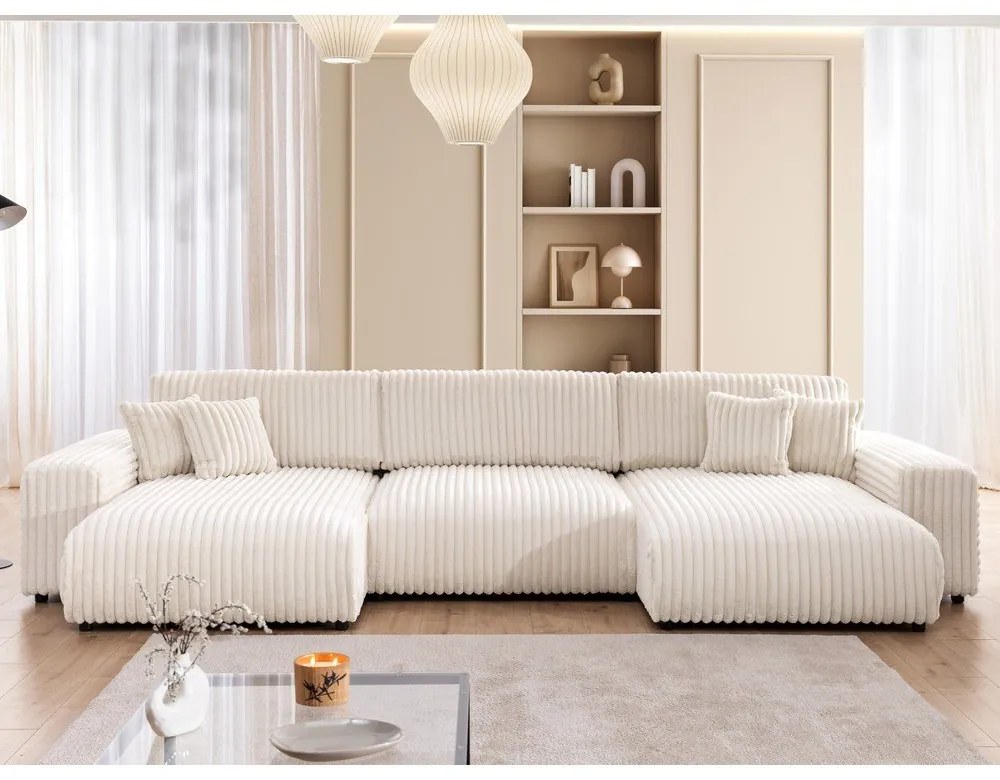 Kremowy sztruksowy rozkładany narożnik ze schowkiem (w kształcie litery U) Sarina – Ropez