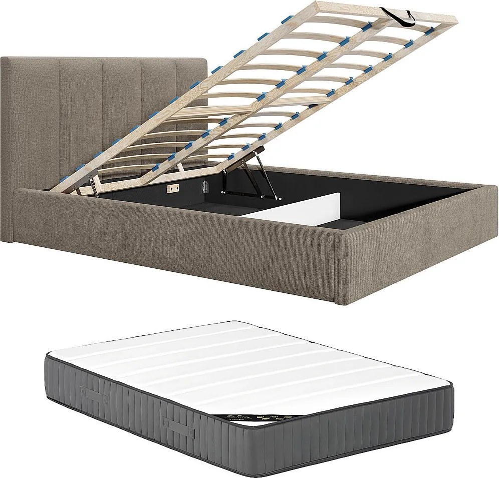 Łóżko ze skrzynią 160 x 200 cm zagłówkiem z pionowymi szwami - Materiał - Taupe - Z materacem - KILACLO