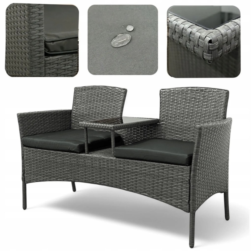 Meble ogrodowe Ratina NM-03, dwuosobowa sofa ze stolikiem, kolor szary, poduszki szare