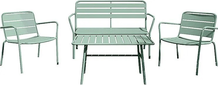 Zestaw mebli ogrodowych z metalu: ławka, 2 niskie fotele i stolik kawowy - Migdałowa zieleń - MIRMANDE marki MYLIA