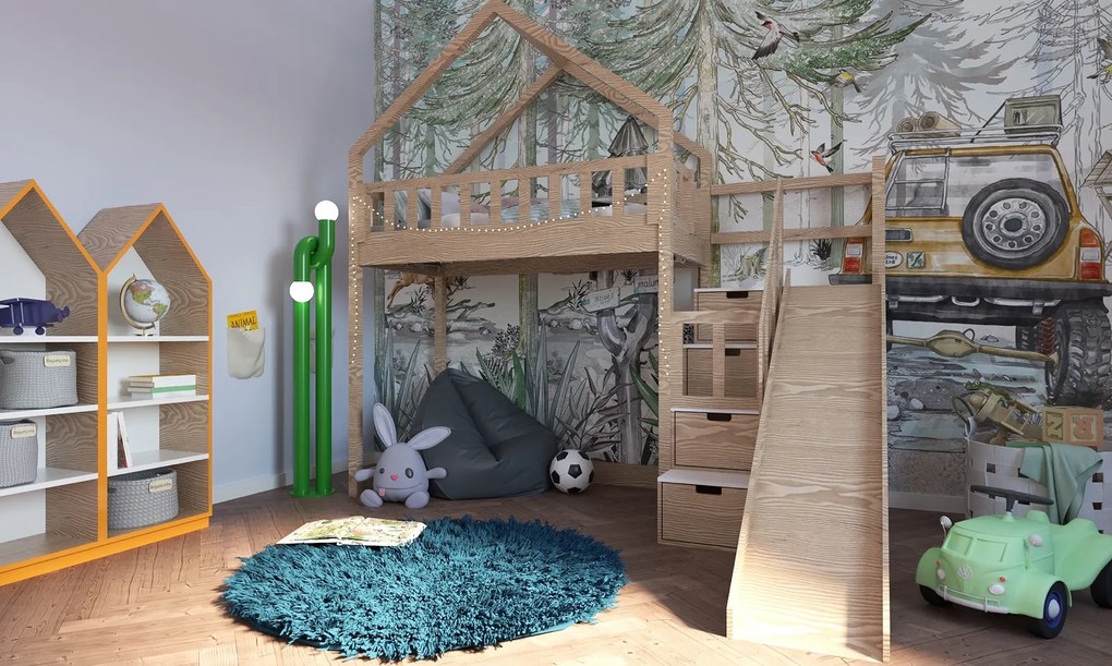 Łóżko na antresoli domek Marulla 142A ze schodkami i zjeżdżalnią