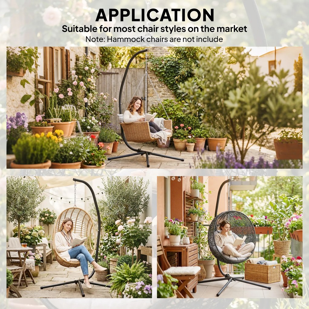 Outsunny Stelaż do foteli wiszących w kształcie litery C, Regulowany metalowy stojak z łańcuchem, Udźwig 150 kg, Czarny | Aosom PL