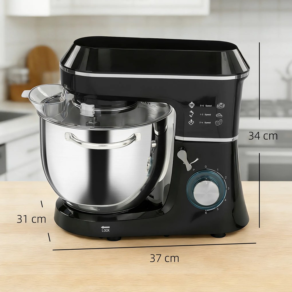 HOMCOM Robot planetarny 1400 W z miską 7 l i 6 prędkościami, hak do ciasta, trzepaczka i mieszadło, czarny | Aosom PL