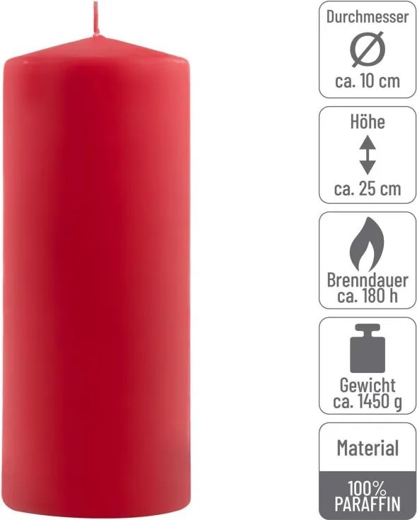 Zestaw słupkowych świec, 25 cm, Ø 10 cm, czerwony, 4 sztuki.