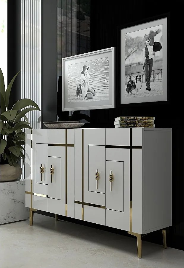 Komoda – 120 cm x 80 cm – biało-złota – płyta wiórowa pokryta melaminą