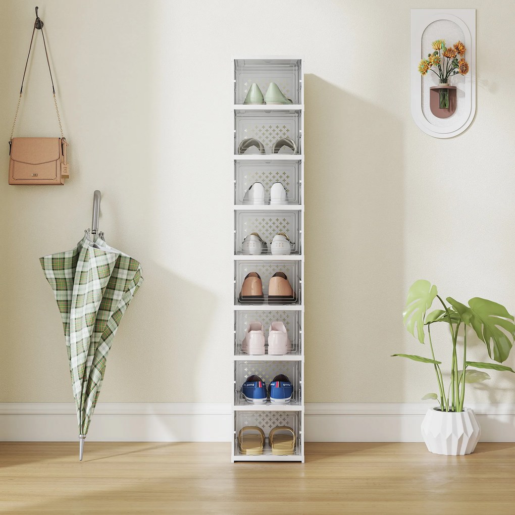 HOMCOM Regał na Buty 8-Poziomowy, Składany, z Wentylowanym Tyłem, Plastikowy, Biały