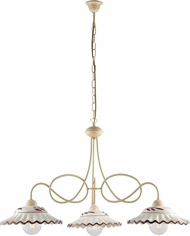 Żyrandol Bistrot z lakierowanego żelaza w kolorze kości słoniowej, dekor piklowany, ceramiczne dyfuzory białe i brązowe Ø30 cm, 3 światła, Ø80 cm