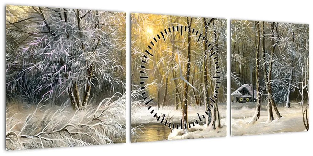 Obraz - Domek w lesie, obraz olejny (z zegarem) (90x30 cm)