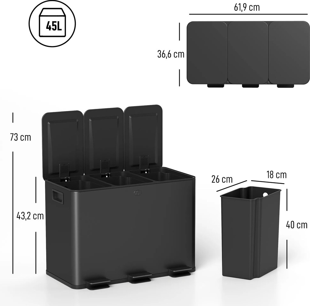 HOMCOM Kosz na śmieci z 3 x 20 L komorami, pokrywami dezodorantowymi, odporny na odciski palców, soft-close, wyjmowany, czarny