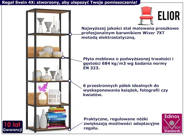 Otwarty regał z 6 półkami w stylu loft czarny + dąb craft - Svein 4X