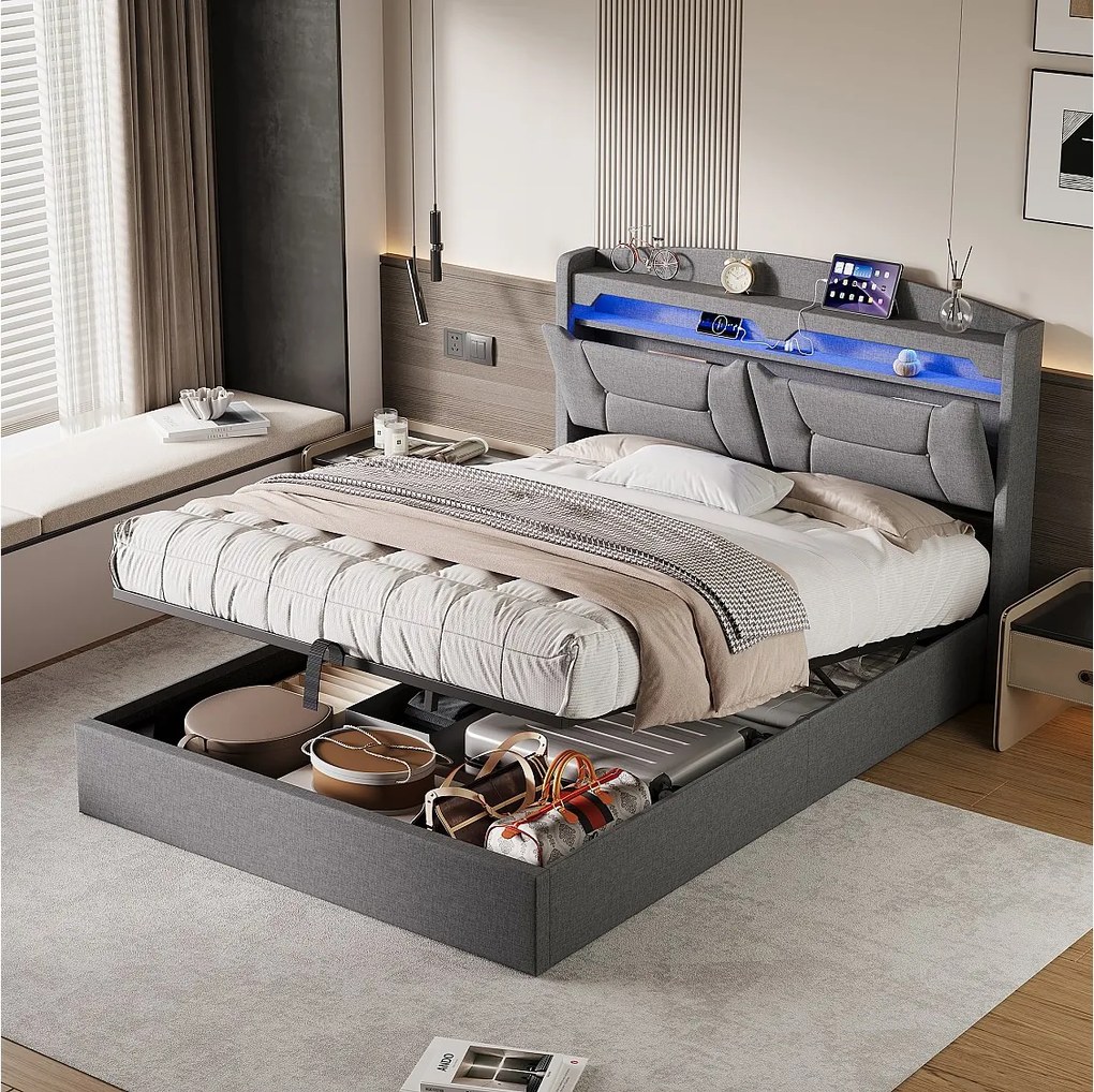 Łóżko z pojemnikiem na pościel o wymiarach 140x200 cm, dużą przestrzenią do przechowywania, wielofunkcyjnym zagłówkiem i oświetleniem LED RGB –jasnoszarym