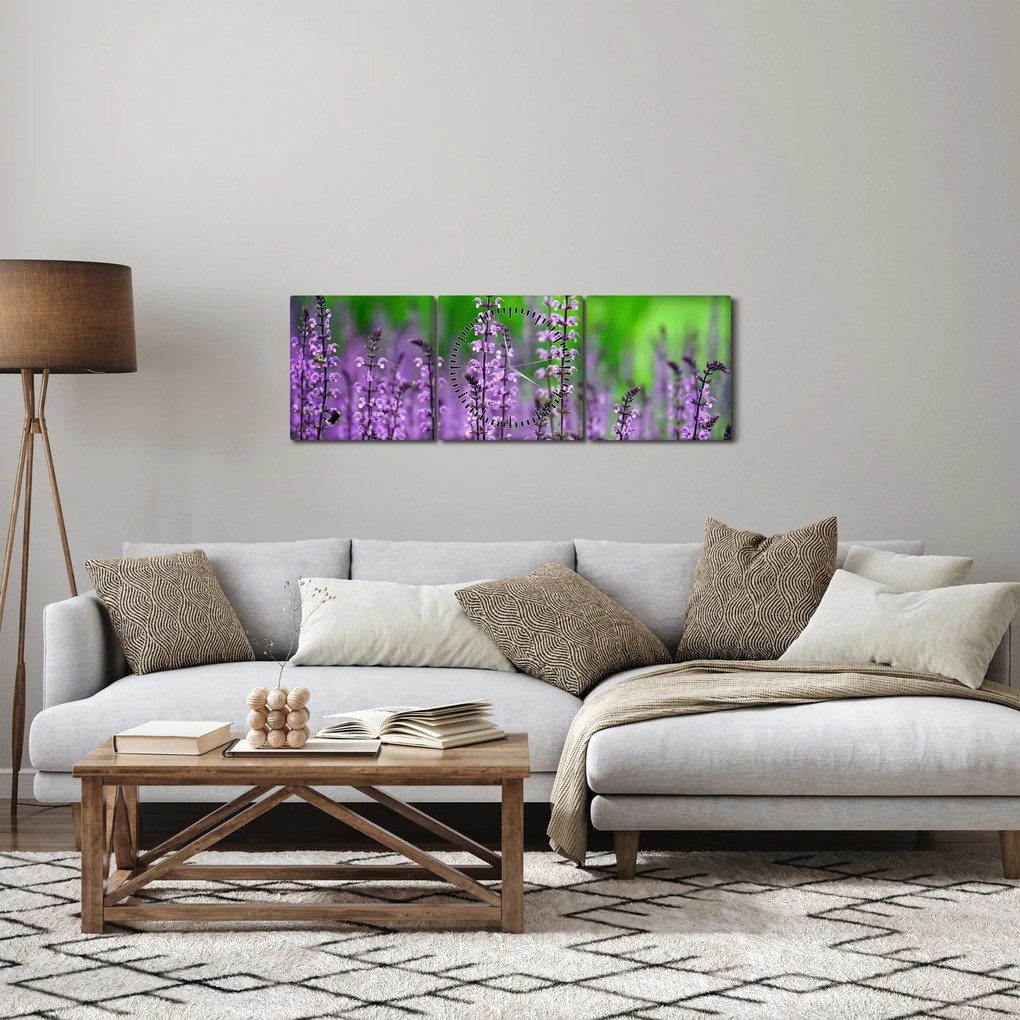 Obraz fioletowych kwiatów polnych (z zegarem) (90x30 cm)