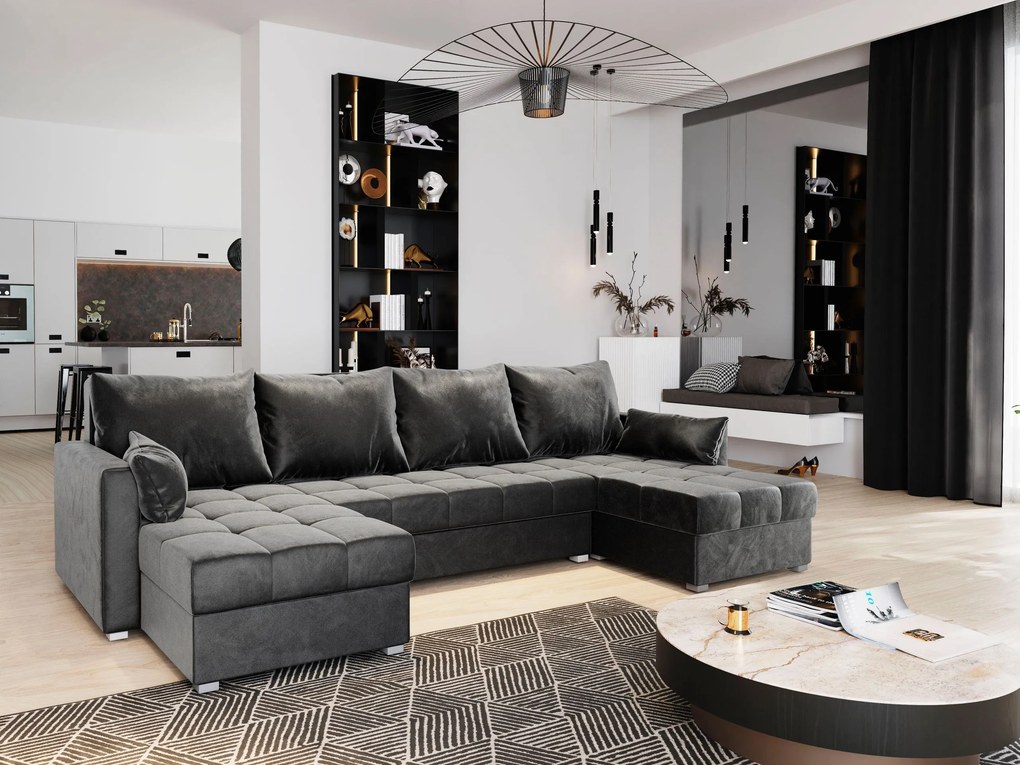 Masseno Narożnik NAKO z funkcją spania i pojemnikiem na pościel Narozniki U, Rozkładana sofa - Szary, PAROS 06