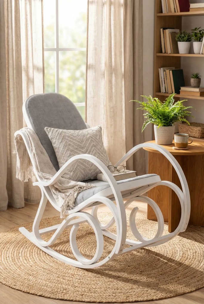 Biały drewniany fotel bujany M6-H79