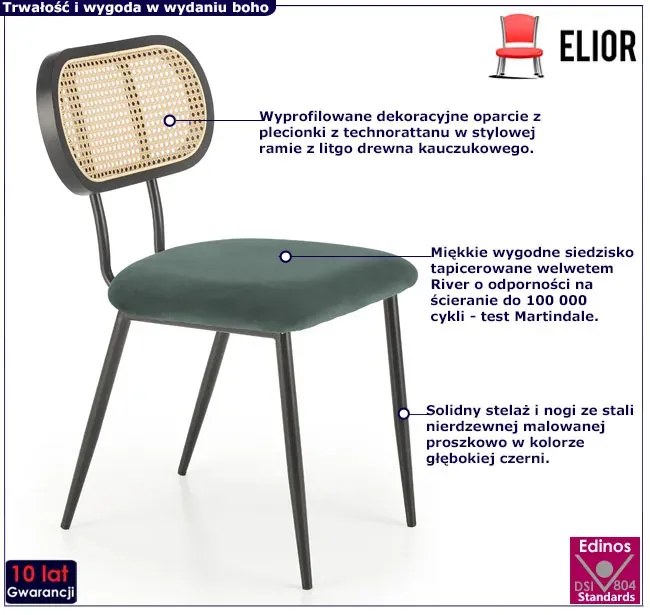 Zielone krzesło z rattanem w stylu boho - Varris