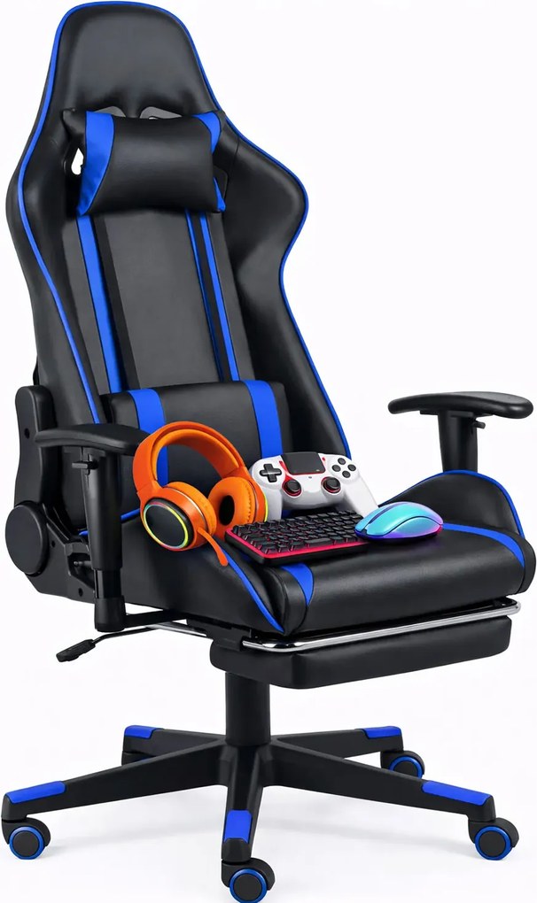 Niebiesko-czarny obrotowy fotel do gier z podnóżkiem M8-G28