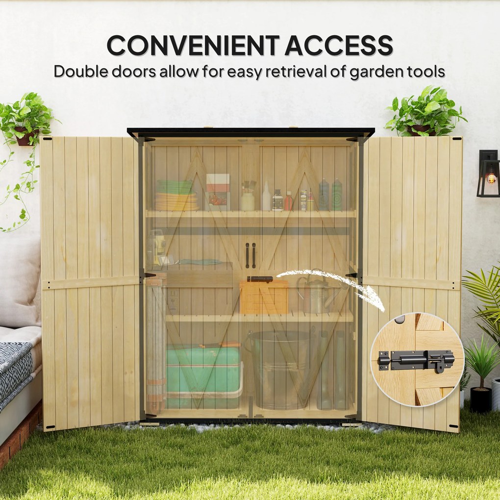 Outsunny Szafka Ogrodowa z Drewna i Stali, Zewnętrzna Szafka na Narzędzia z Dachem Asfaltowym, 2 Regały, Drzwi z Zamkiem, Naturalne Drewno