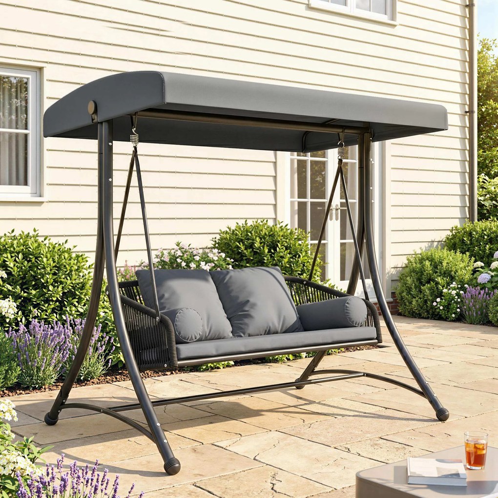 Outsunny Huśtawka Ogrodowa Rattan 2-osobowa z Regulowanym Daszkiem, Miękkimi Poduszkami, Ciemnoszara | Aosom PL