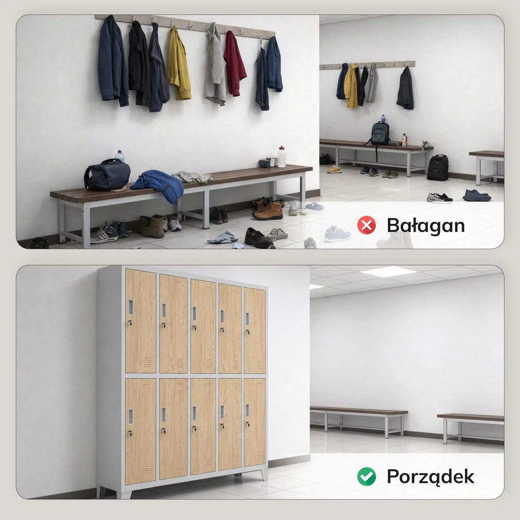 Szafa BHP ubraniowa 10-drzwiowa szara / dąb sonoma: Eco Design BARTEK 1360 x 1720 x 450 mm