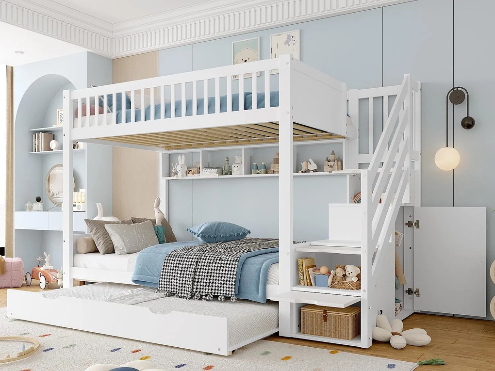 Łóżko piętrowe dla dzieci 90x200 cm - z łóżkiem wysuwanym - z półkami + szafą - z przegródkami do przechowywania - biały