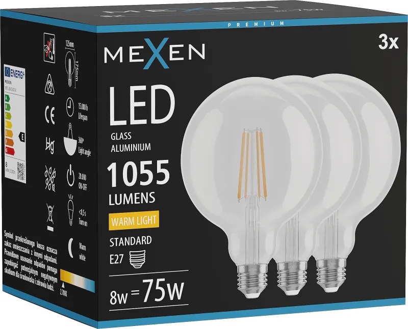 Mexen Vintis 3x żarówka filament LED E27, G125, 8W, Ciepła - 2700K, 1055 lm, clear - L158-E27-0827-00x03