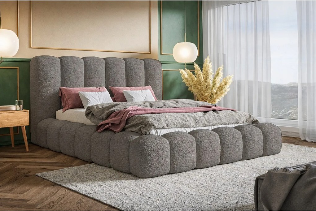 Łóżko tapicerowane 140x200 Madeno - gruba pianka, pojemnik, stelaż - tkanina boucle, szary (Catch Me 25)