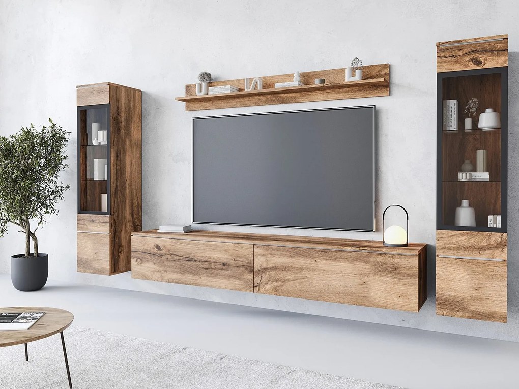Zestaw mebli do salonu z LED 4 elementy – szafka RTV 180 cm, 2 witryny i półka, meblościanka stojąca lub wisząca dąb Wotan