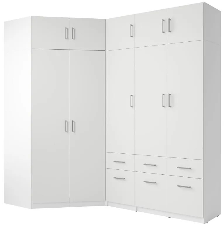 Szafa narożna 5-drzwiowa z 6 szufladami - szer. 254 cm - Biały + Nadstawki - BELOMY