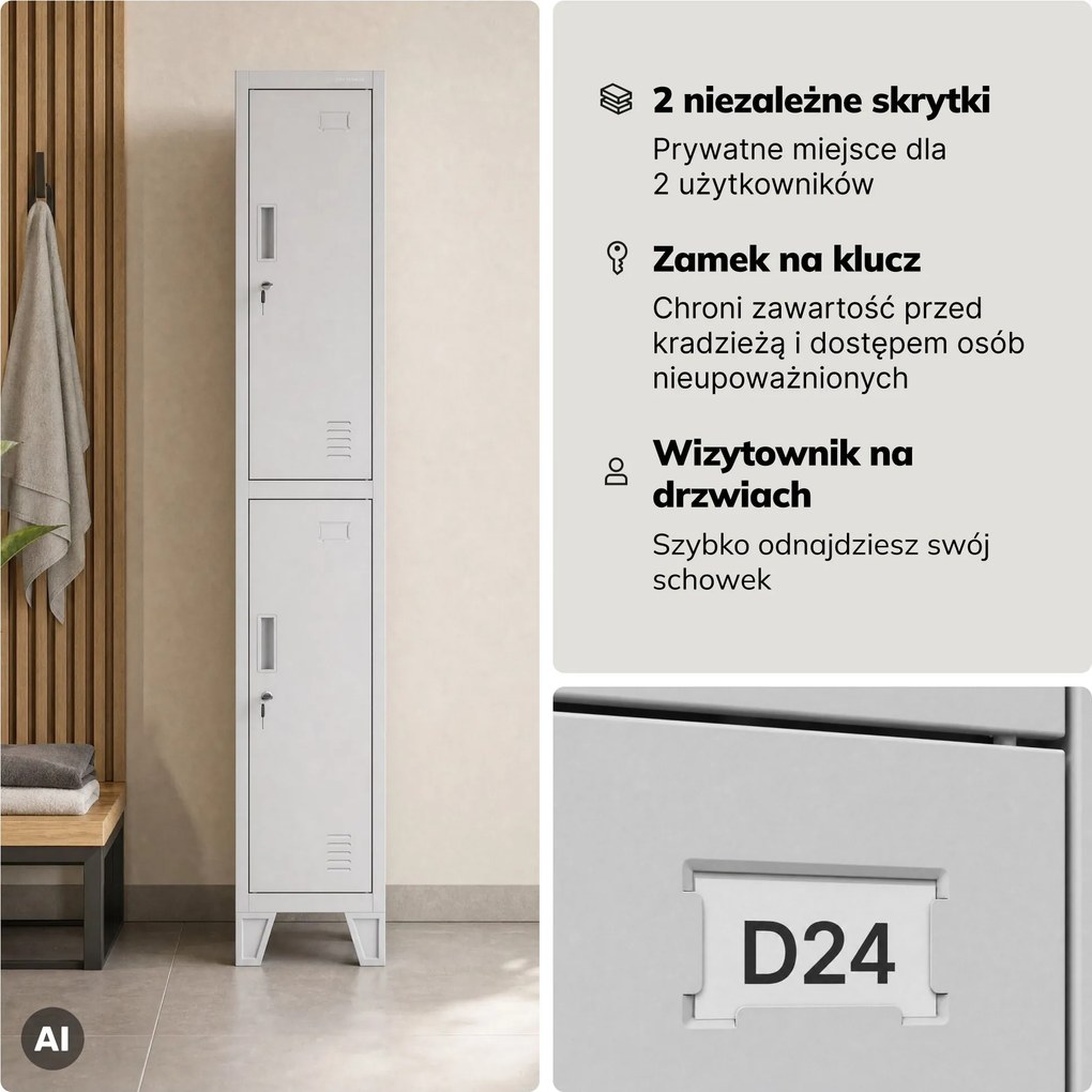 Szafka ubraniowa metalowa pracownicza głęboka 2-drzwiowa szara, 292x1720x600 mm: BARTEK 1 Plus D600