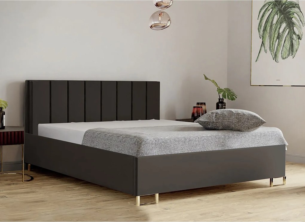 Łóżko tapicerowane MALIBU, wezgłowie, obicie VELUTTO, pojemnik na pościel, podnośnik gazowy, wysokość spania 39 cm, 120x200 cm, Jasno Brązowy