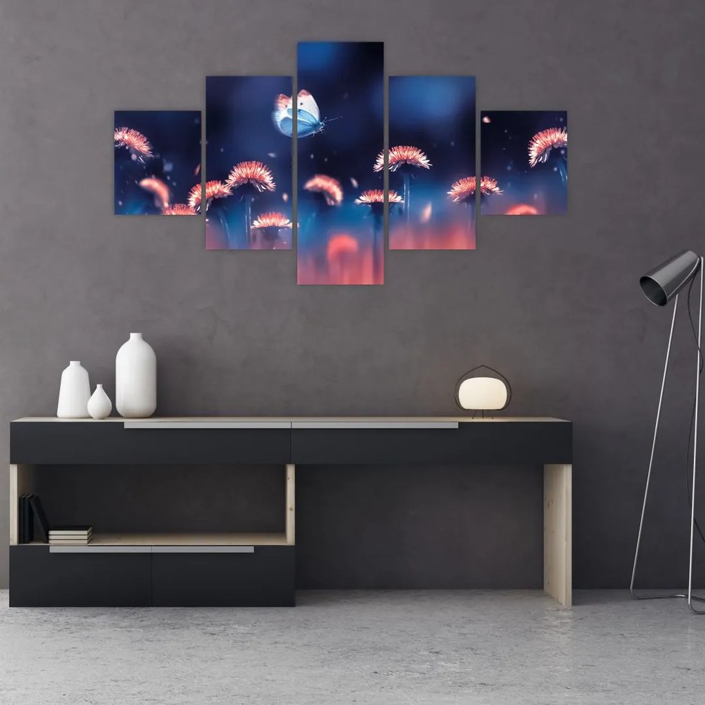 Obraz dmuchawca z niebieskim motylem (125x70 cm)