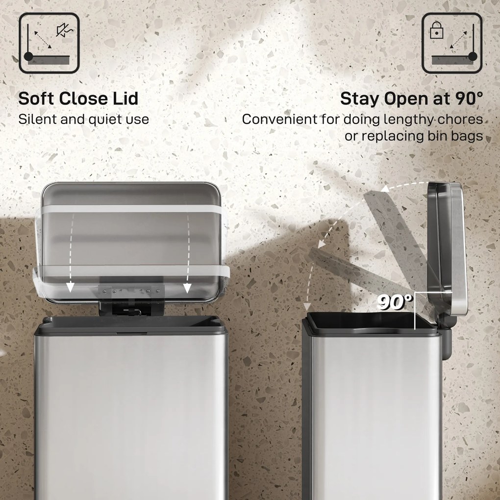 HOMCOM Kosz na śmieci 20 L z pedałem i pokrywą soft-close, wyjmowany wkład, srebrny, 34,2 x 30,6 x 44,2 cm