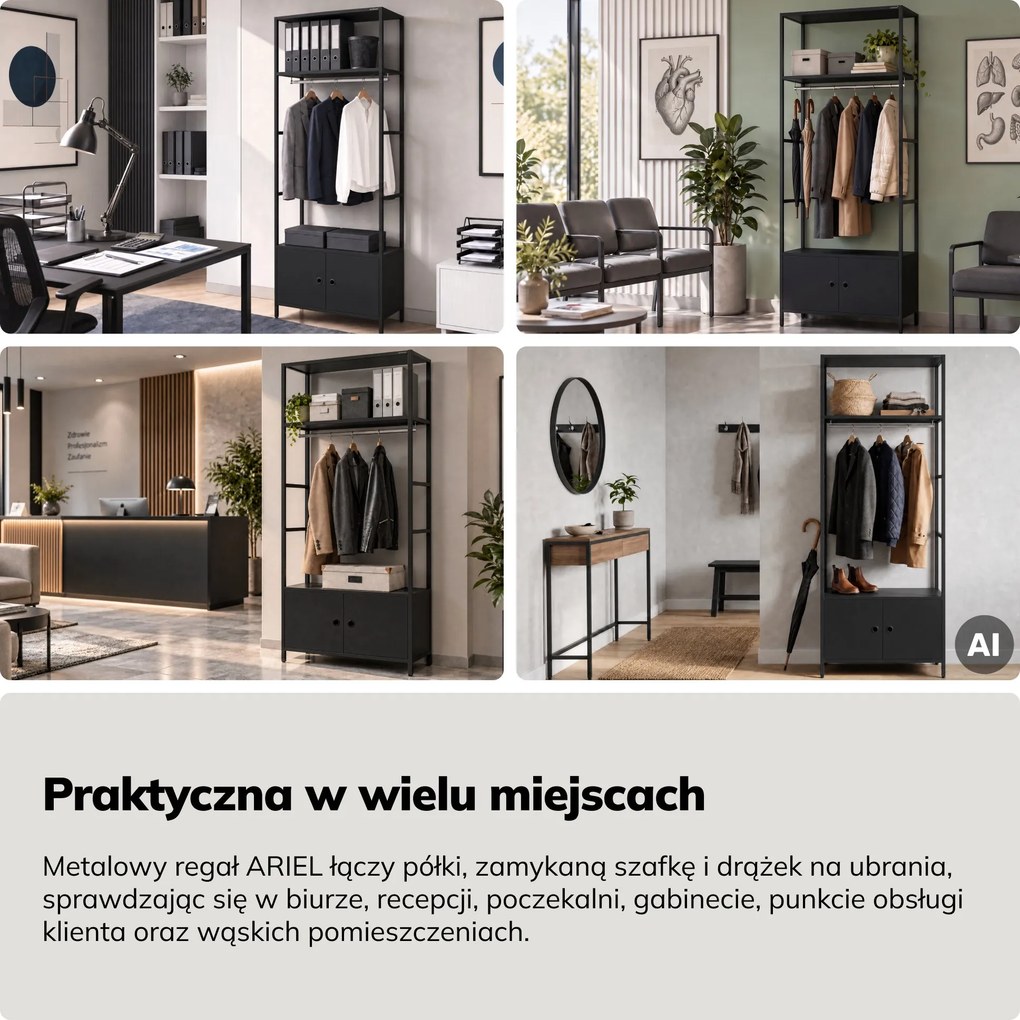Regał biurowy otwarty z drążkiem na ubrania, do recepcji i poczekalni, metalowy, czarny, 800x2200x400 mm: ARIEL