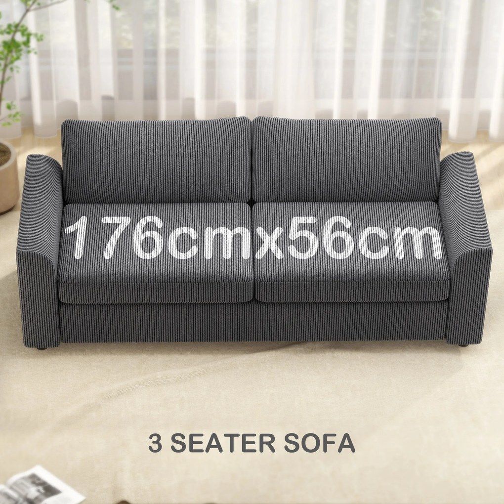 HOMCOM Sofa 3-osobowa z poduszkami ozdobnymi, sofa ze sztruksu do salonu, sypialni, szer. 212 cm, ciemnoszary | Aosom PL