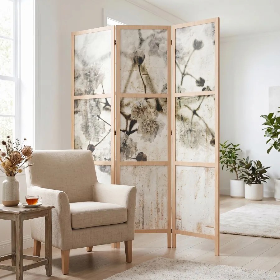 Parawan pokojowy 3-częściowy 135x172 drewniany japoński Jednostronny dekoracyjny vintage shabby chic Kremowy