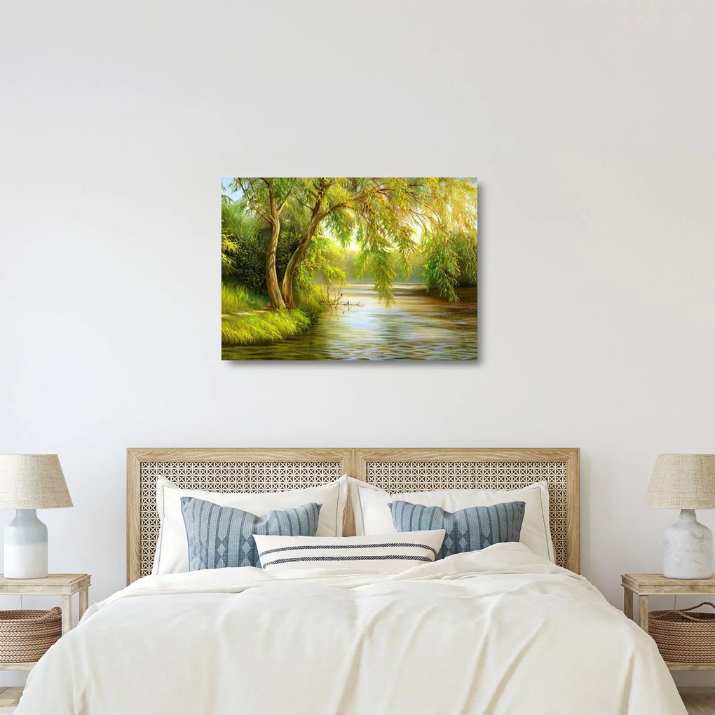Obraz na szkle - Wierzba nad jeziorem, obraz olejny (70x50 cm)