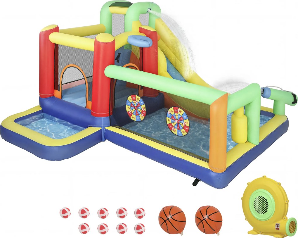 AIYAPLAY 9-w-1 Dmuchana zjeżdżalnia z pompką, ze zjeżdżalnią, basenem i pistoletem na wodę dla dzieci 3-8 lat, 330x290x185 cm, wielokolorowa | Aosom PL