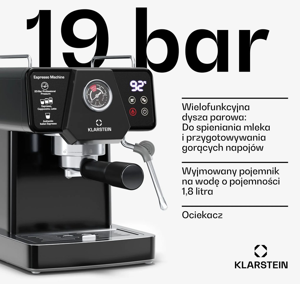 Klarstein Libeica ekspres do kawy kolbowy, 1350 W, 19 bar, panel dotykowy, stal nierdzewna