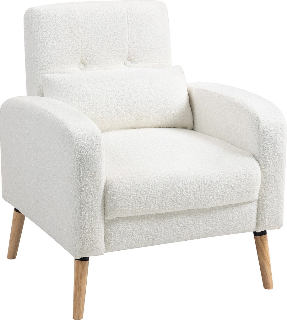 HOMCOM Nowoczesny Fotel z Podłokietnikami, Pikowany Fotel z Nogami z Drewna Kauczukowego, Poduszką Lędźwiową, do Salonu, Sypialni, Biura, Biały