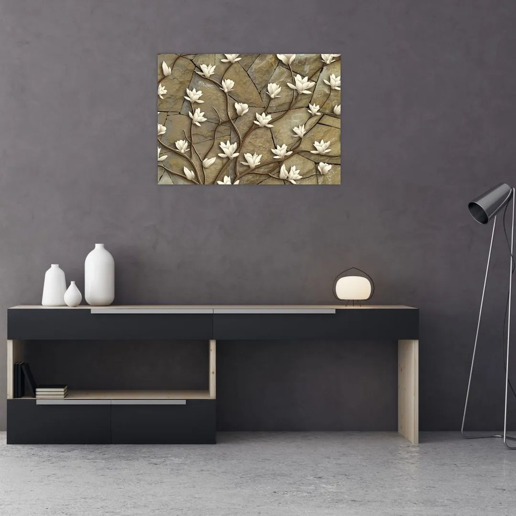 Obraz na szkle - Białe magnolie na murze kamiennym (70x50 cm)