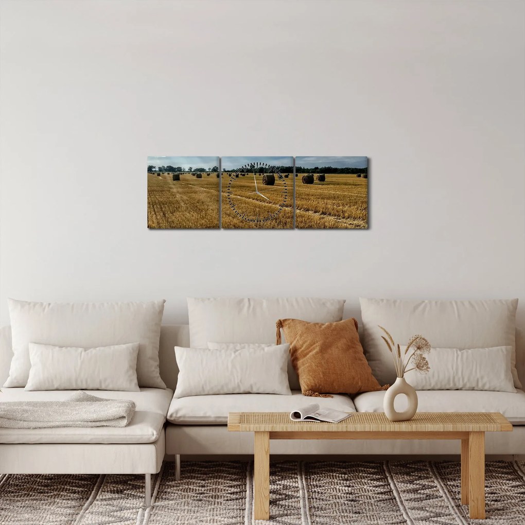 Obraz zebranego pola zboża (z zegarem) (90x30 cm)