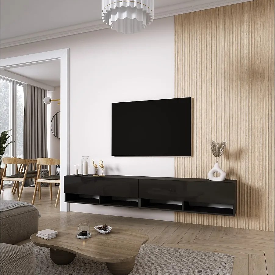 Szafka pod telewizor 200 (2 x 100) cm Czarny Mat / Czarny Połysk, 200 × 32 × 34 cm