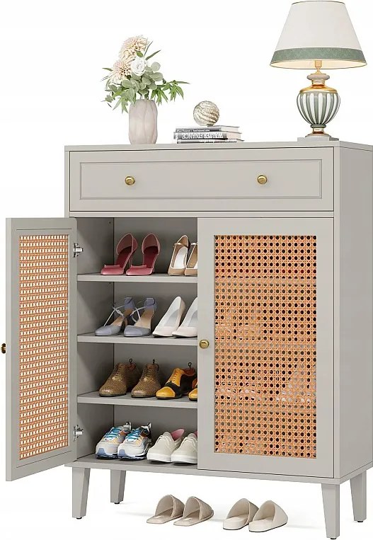 Nowoczesna szafka na buty z drzwiami i szufladą, miętowo-zielona szafka na buty z rattanu z regulowaną półką