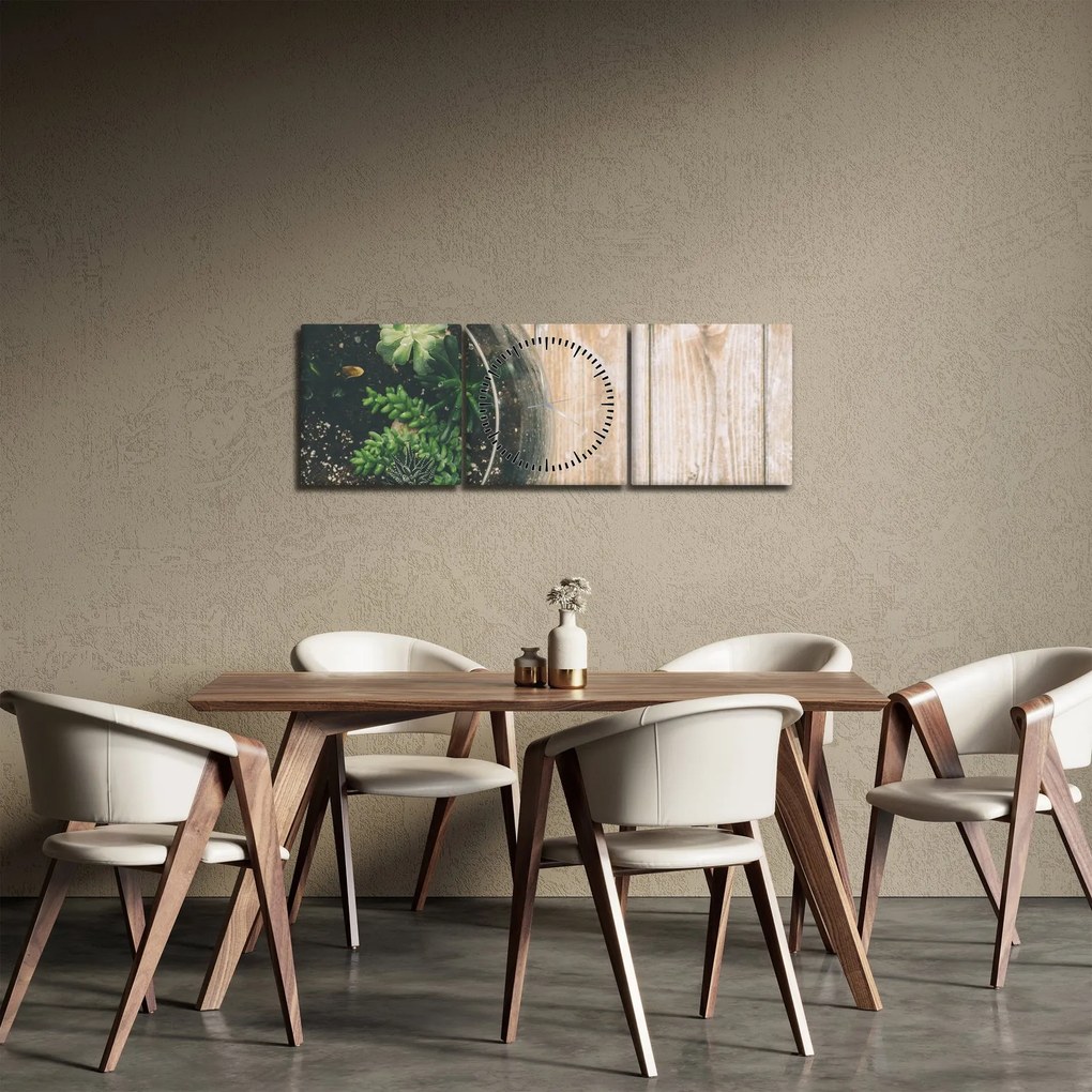 Obraz sukulentów w szkle (z zegarem) (90x30 cm)