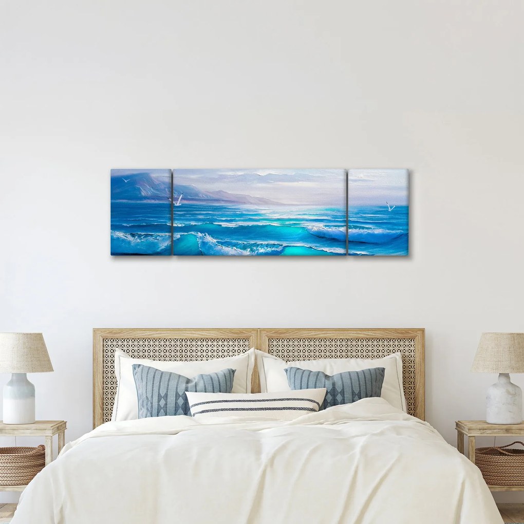 Obraz - Obraz olejny przedstawiający morze z mewami (170x50 cm)