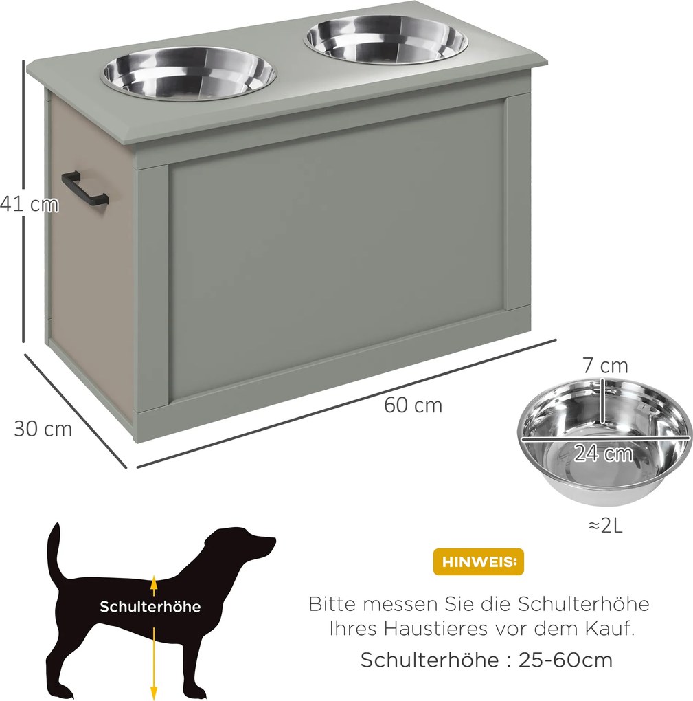 PawHut Stacja Karmienia Podwyższona z 1 Schowkiem i 2 Miskami ze Stali Nierdzewnej, 60 cm x 30 cm x 41 cm, Szary