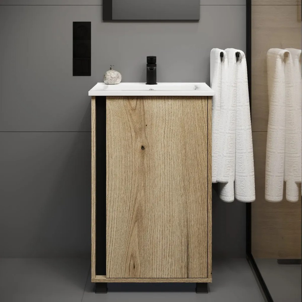 Zestaw Szafka z umywalką FOX 49 cm dąb evoke/czarna KROFAM