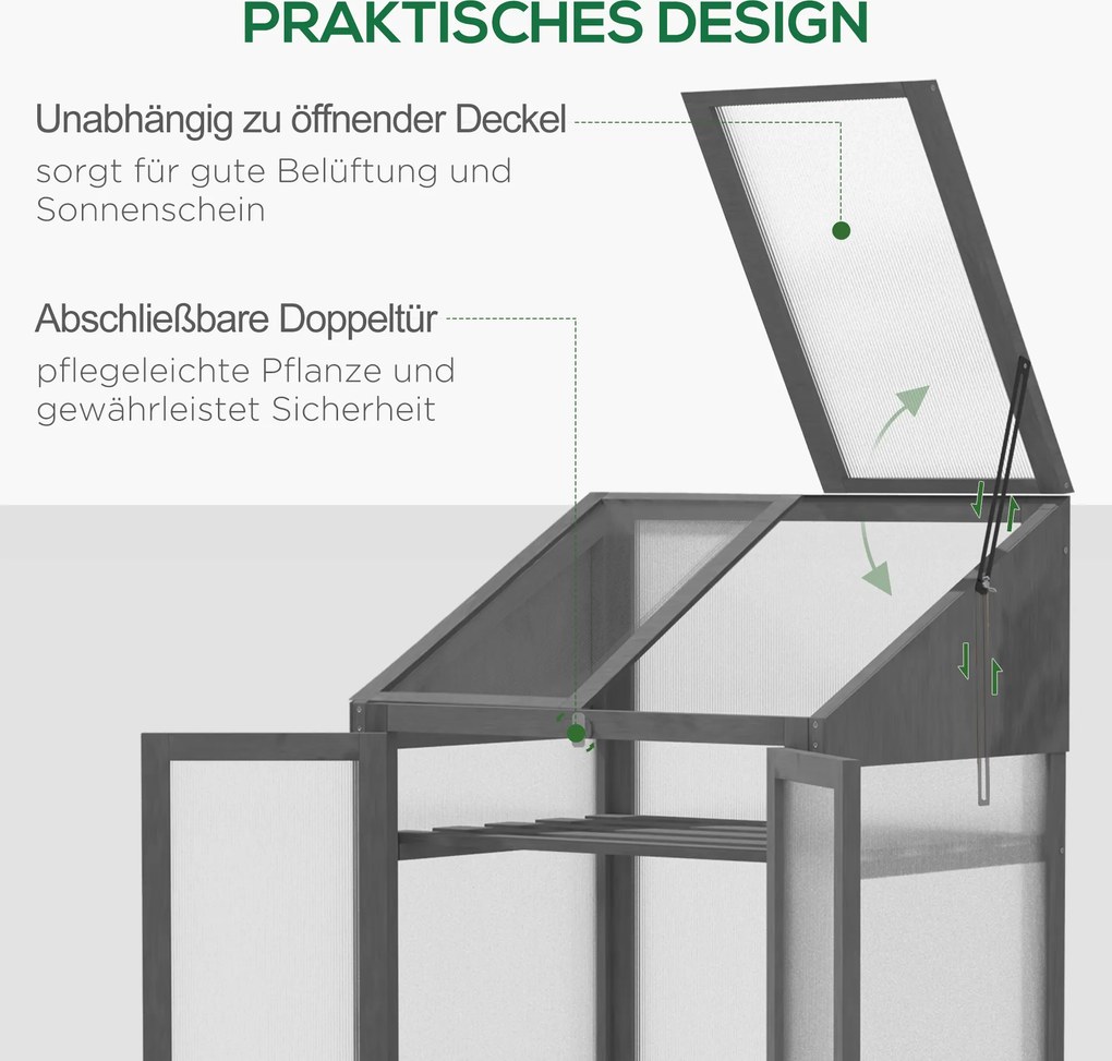 Outsunny Mini Szklarnia z Drewna, Mała Szklarnia z Oknami i Podwójnymi Drzwiami, 3 Półki, 70Dł x 50Szer x 120Wys cm, Szara